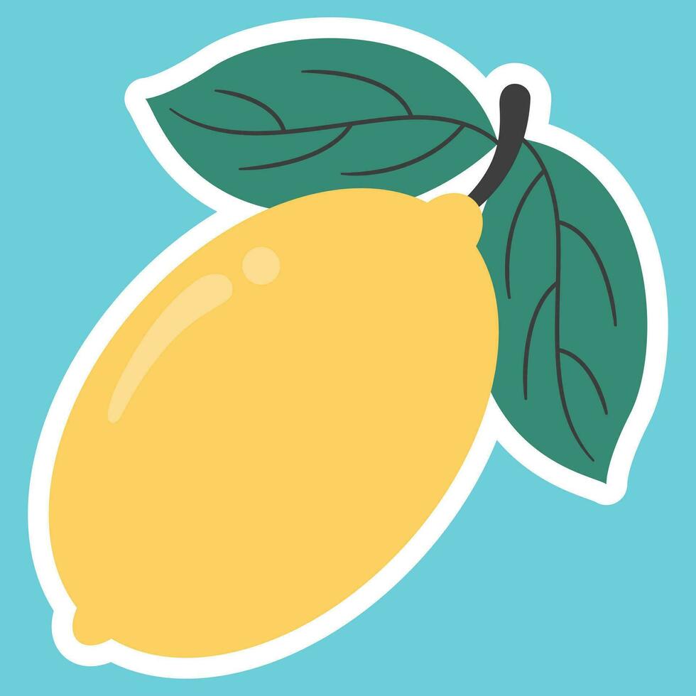 Lemon fruit flat sticker isolated on blue. Vector illustration for summer design concept