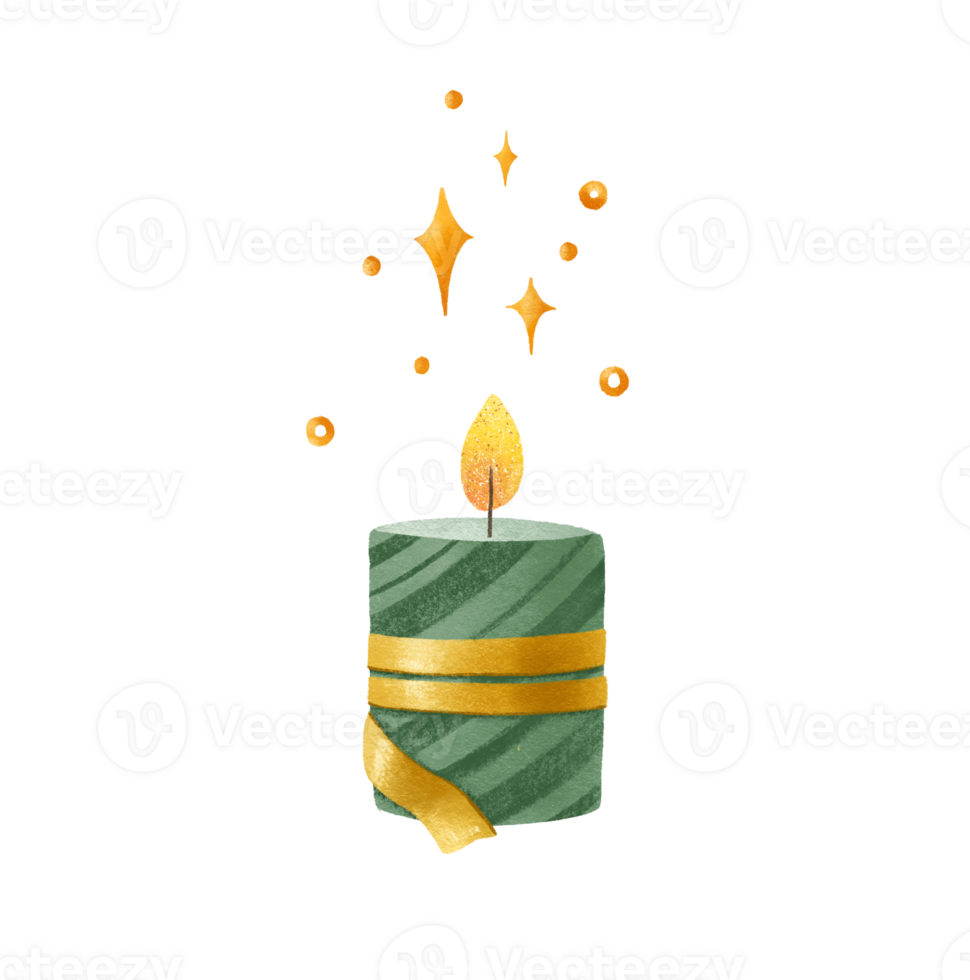 Green candle with golden ribbon illustration. Candle light decoration
