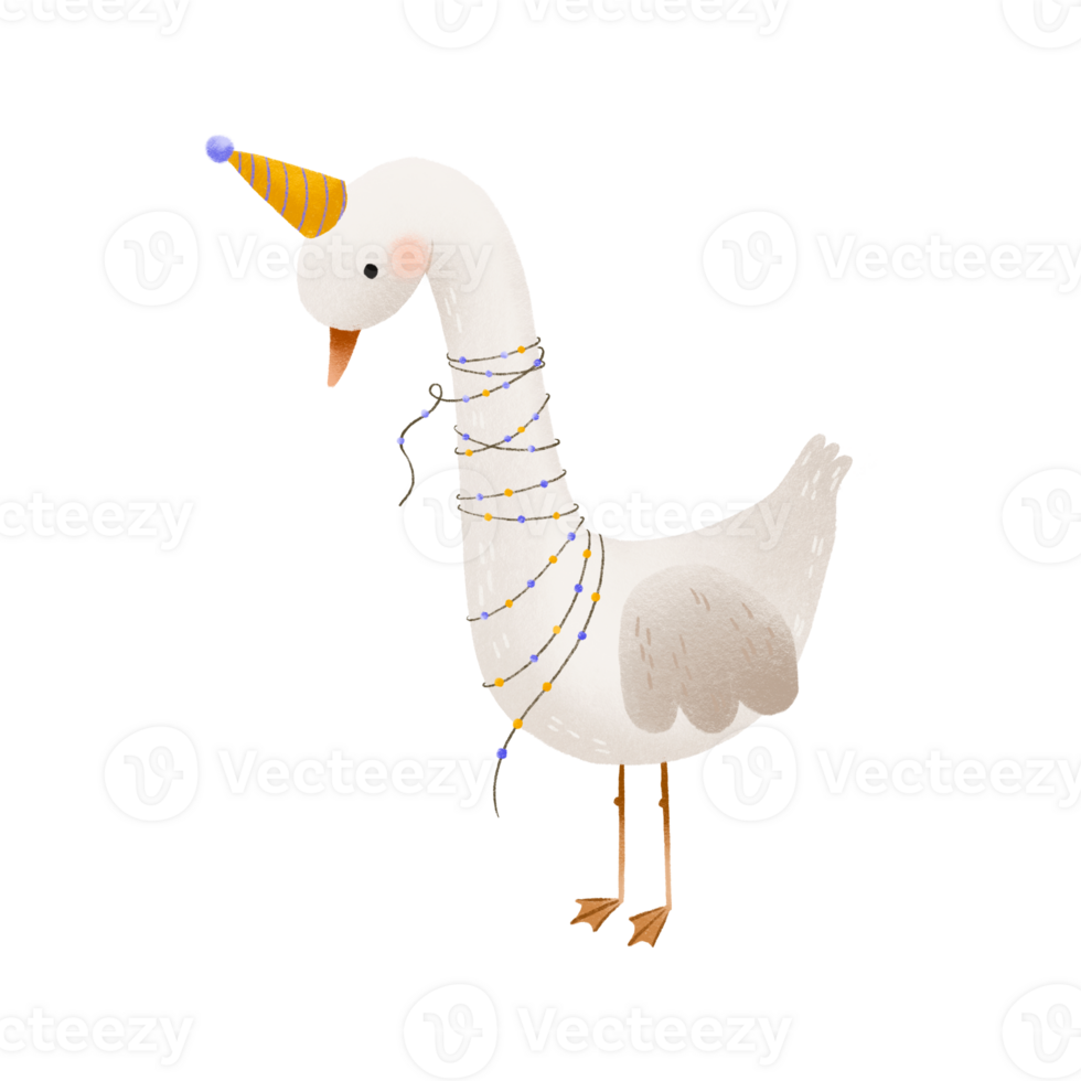 A cheerful cartoon goose with a festive colored garland on his neck and a cap on his head. Funny animals. Illustration for birthday and new year. Isolated illustration for children png