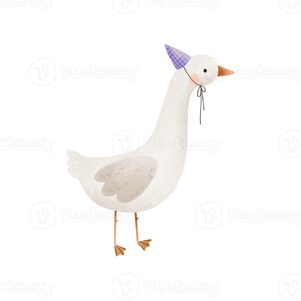 Cute cartoon goose with a festive cap on his head. Birthday illustration. Isolated illustration