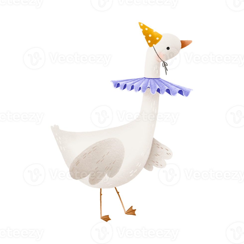 Cartoon goose with a clown collar and a party cap on his head. Funny animals. Birthday illustration. Children's holidays design. Isolated illustration for children png