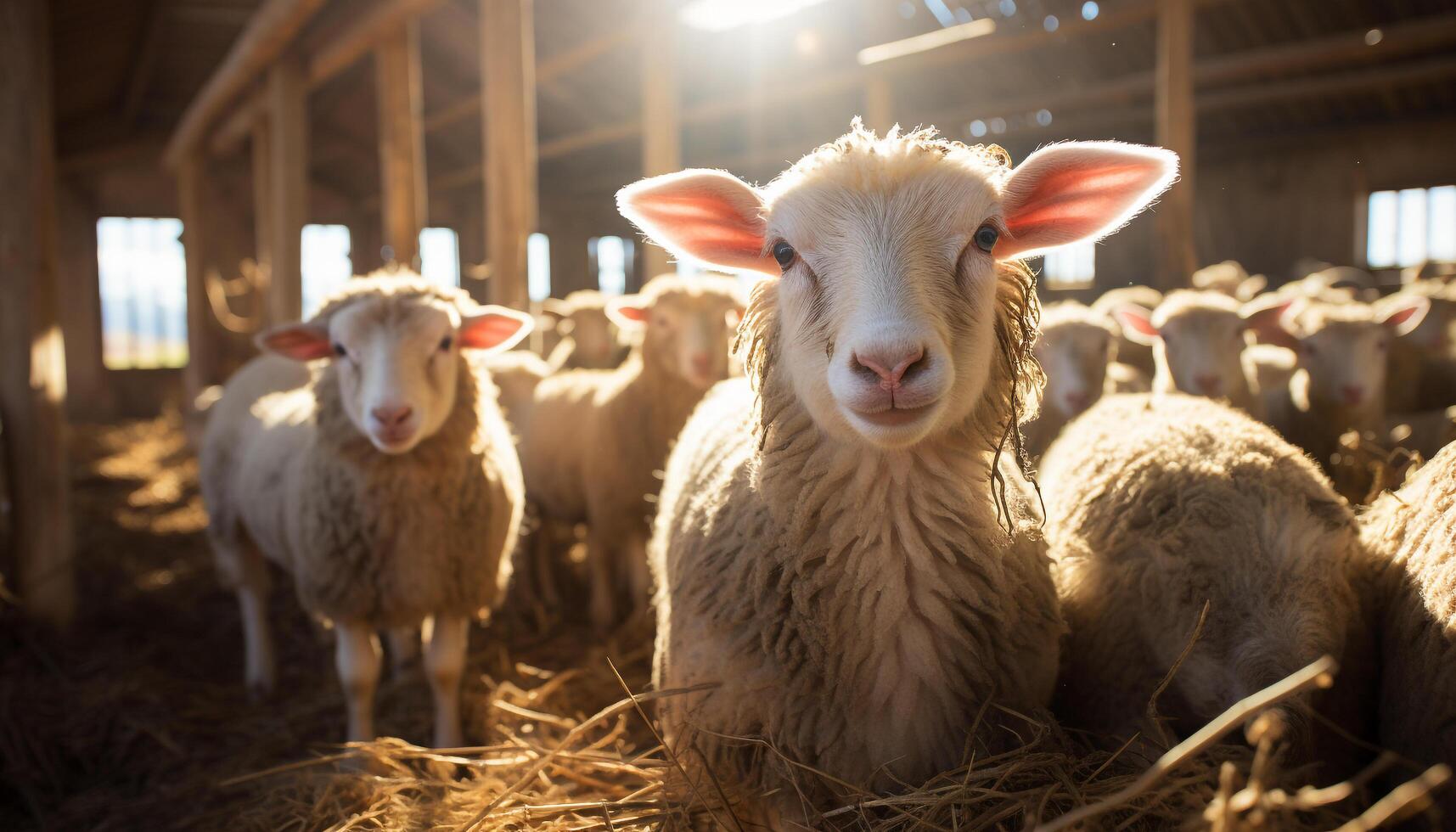 AI generated Cute lamb grazing in snowy meadow, looking at camera generated by AI photo