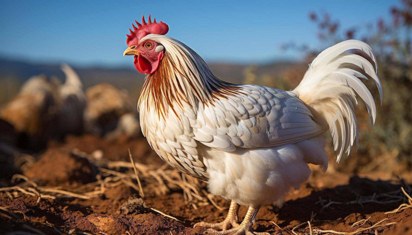 AI generated A cute young chicken standing in a vibrant farmyard generated by AI photo