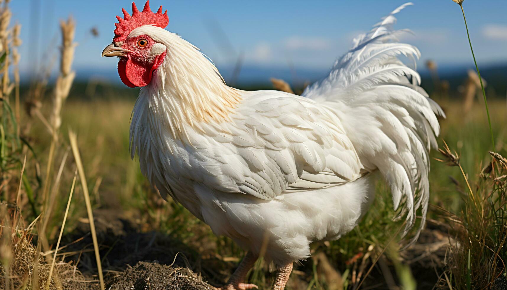 AI generated A cute young chicken standing in a vibrant farmyard generated by AI photo