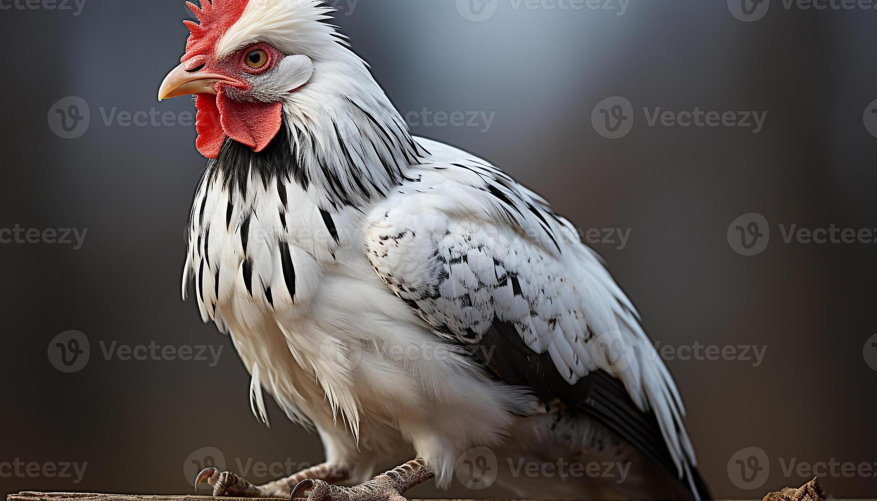 AI generated A cute rooster in a chicken coop, surrounded by nature generated by AI photo