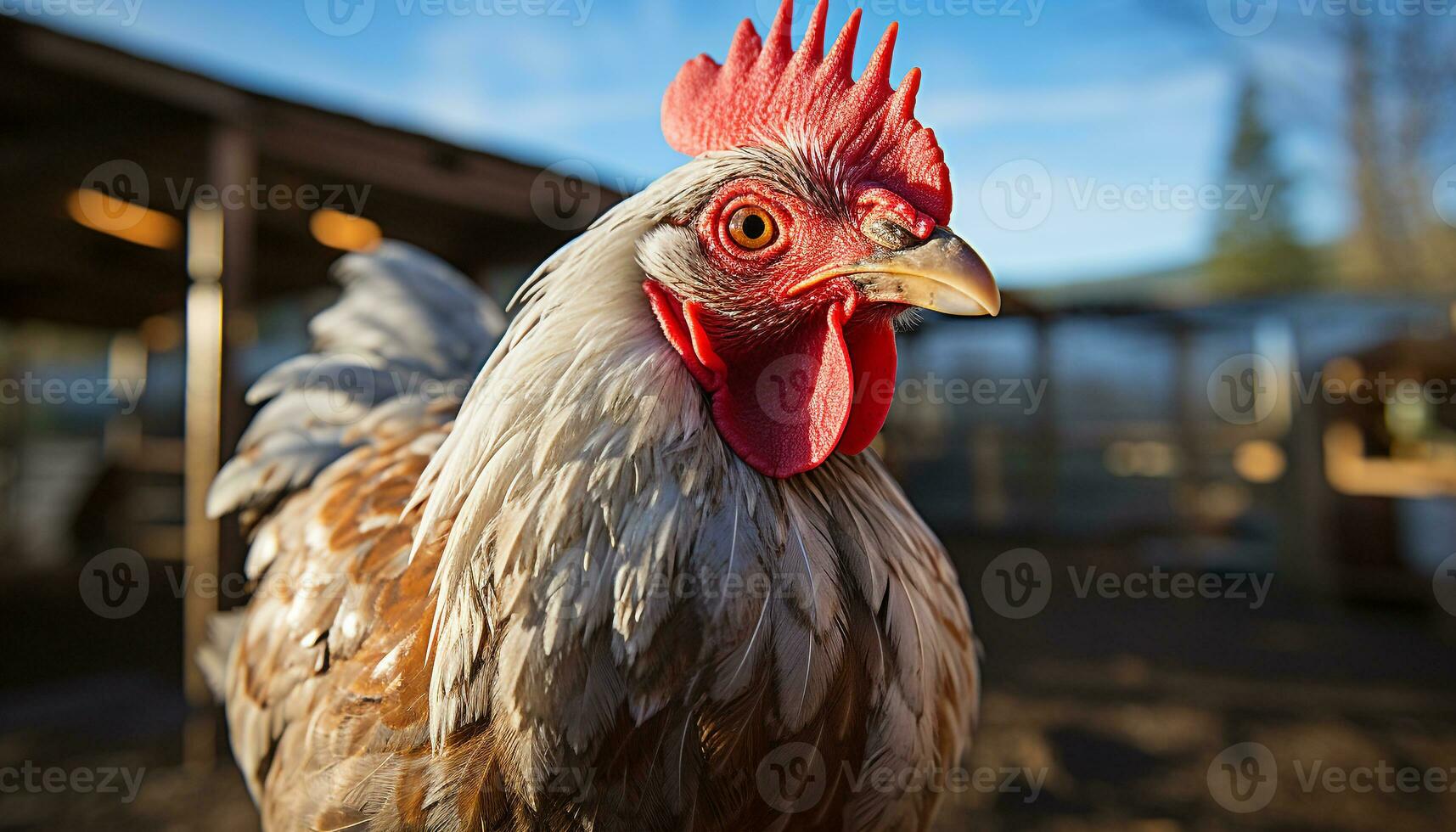 AI generated A cute rooster in a chicken coop, surrounded by nature generated by AI photo