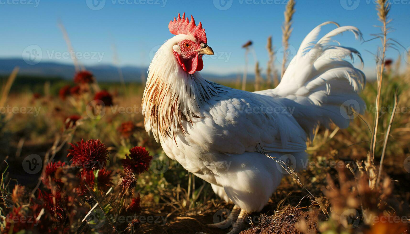 AI generated A cute rooster in a chicken coop, surrounded by nature generated by AI photo