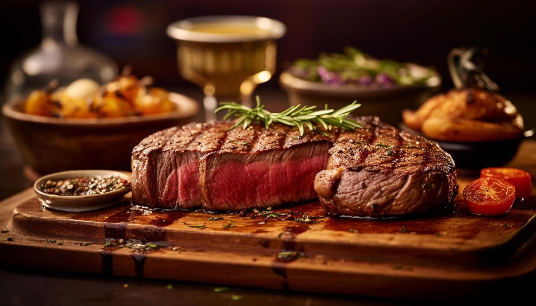 AI generated Grilled steak, cooked rare, juicy and seasoned with spice generated by AI photo