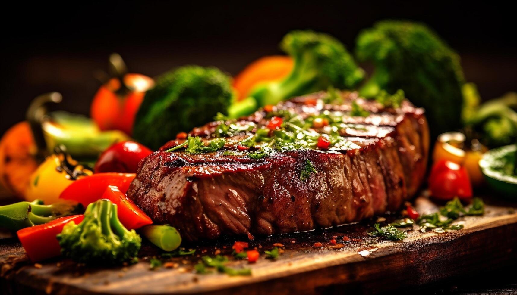 AI generated Grilled steak, cooked rare, juicy and seasoned with spice generated by AI photo