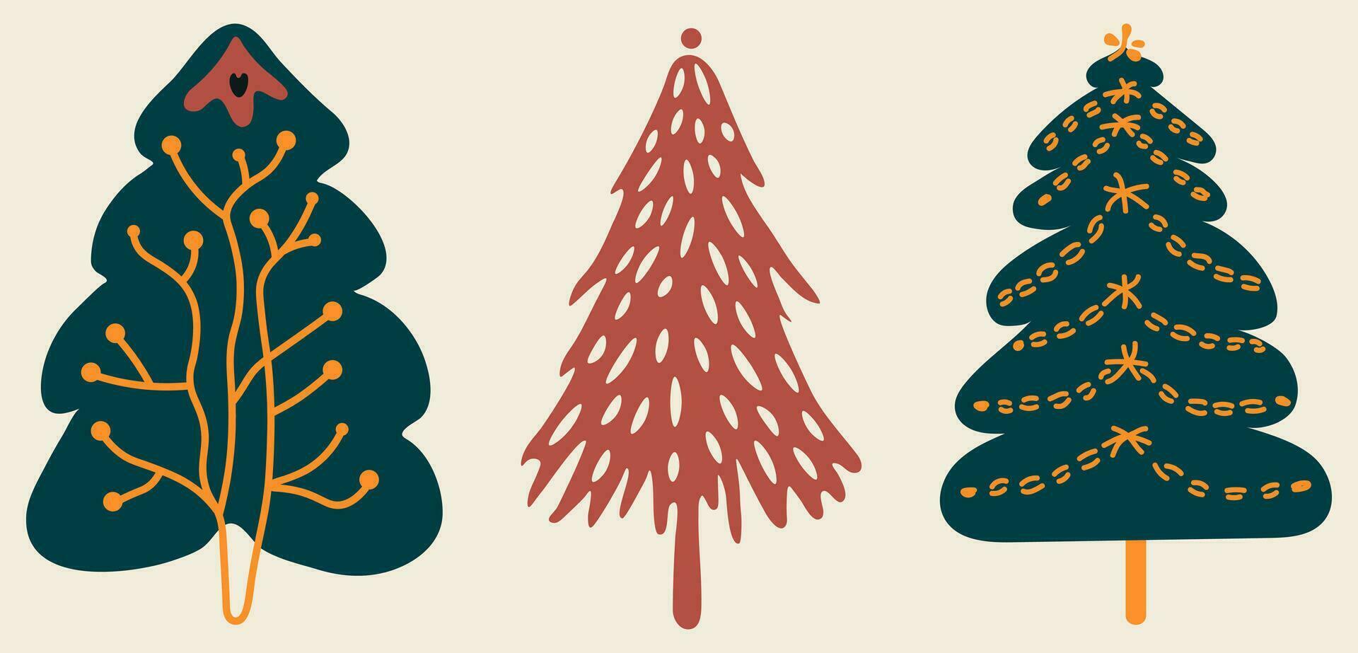 Set of hand drawn Christmas tree in flat style isolated on background. Cute cartoon icons, stickers. Winter holiday design elements. Vector illustration