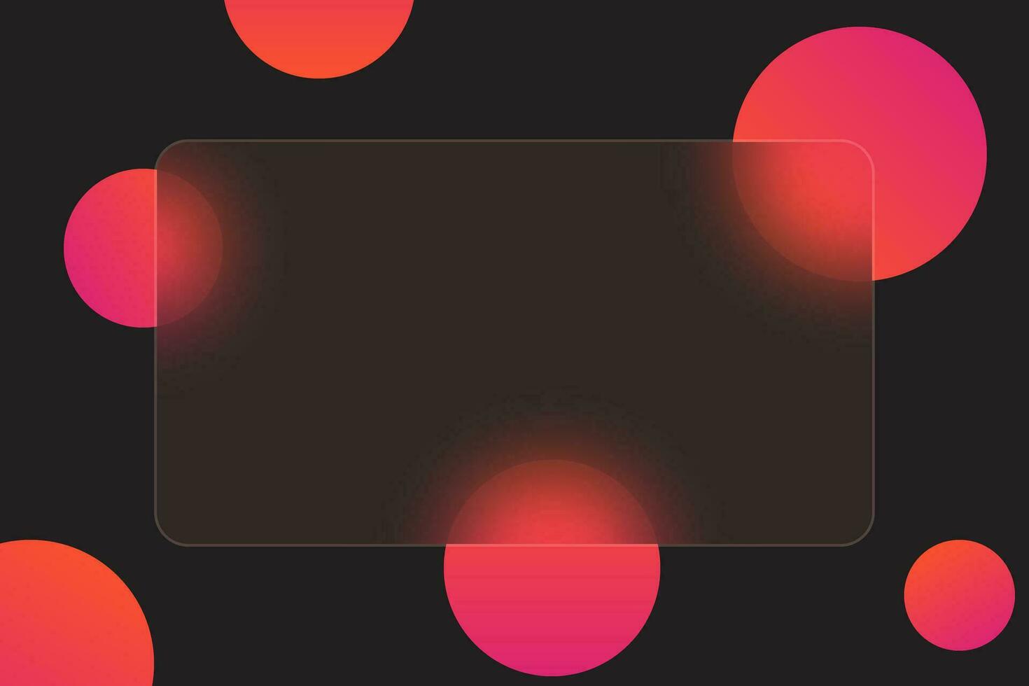 Digital abstract background of bright neon circles with glass morphism rectangular plate in the center. Horizontal modern banner template with translucent frame for text. Vector illustration