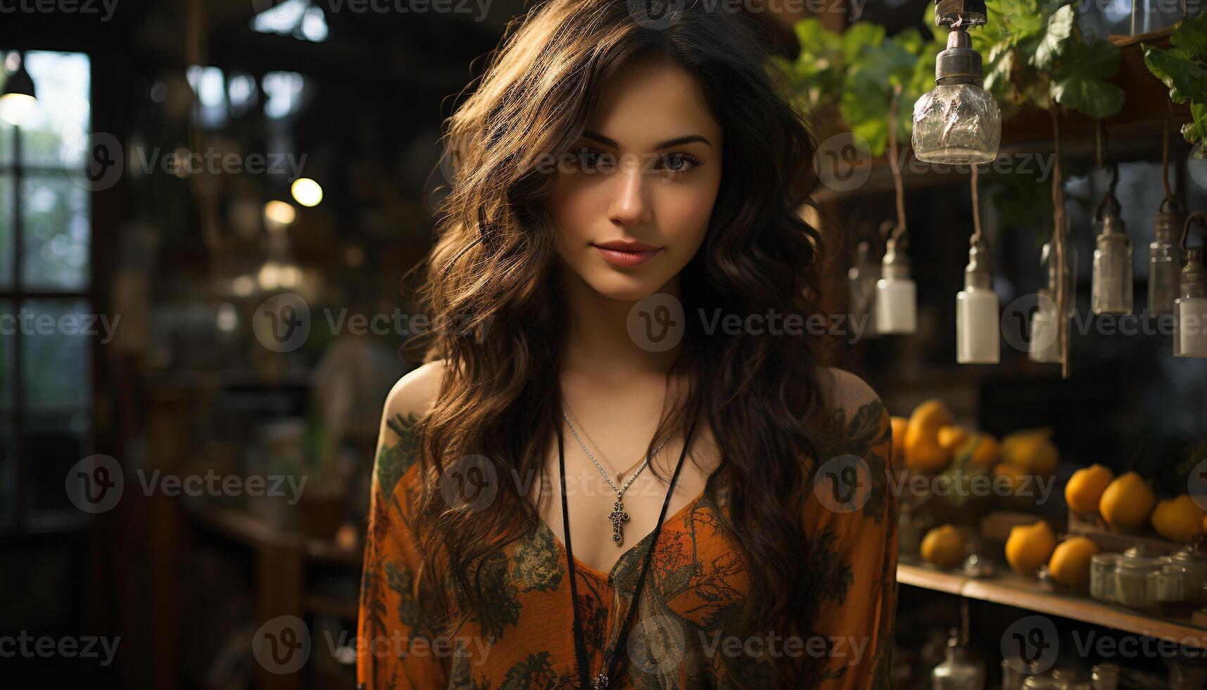 AI generated Confident businesswoman in modern office, smiling with elegance and success generated by AI photo