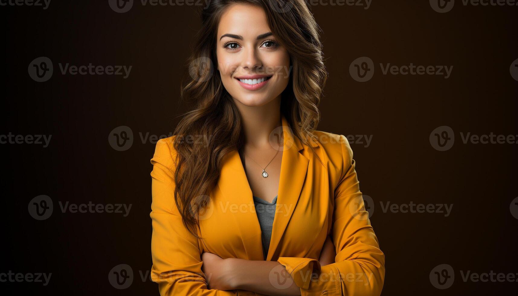 AI generated Confident businesswoman in modern office, smiling with elegance and success generated by AI photo