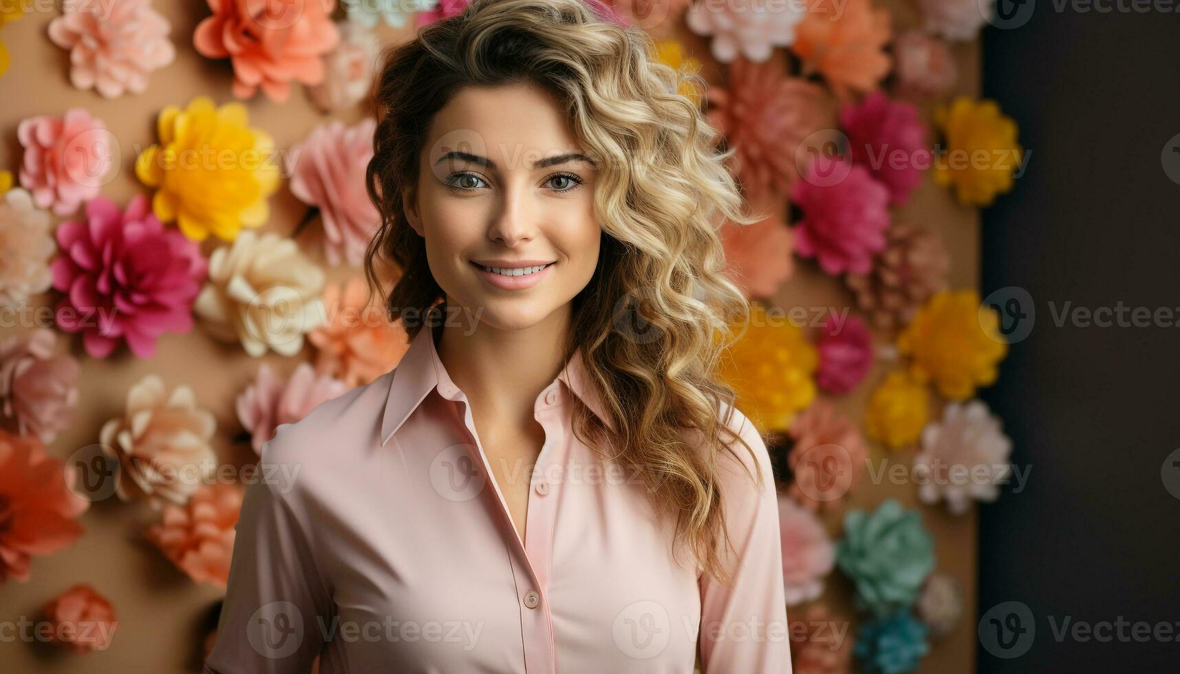 AI generated Young woman in casual clothing, sitting indoors, looking at camera generated by AI photo