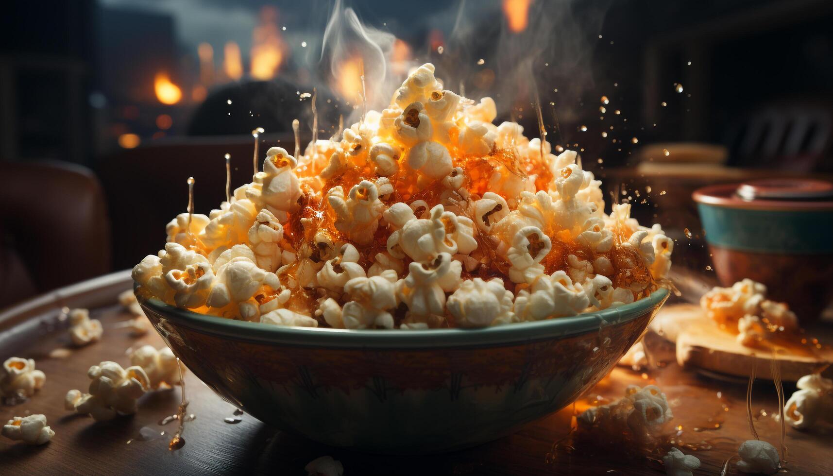 AI generated Gourmet snack bowl, movie night sweet candy, refreshing drink generated by AI photo