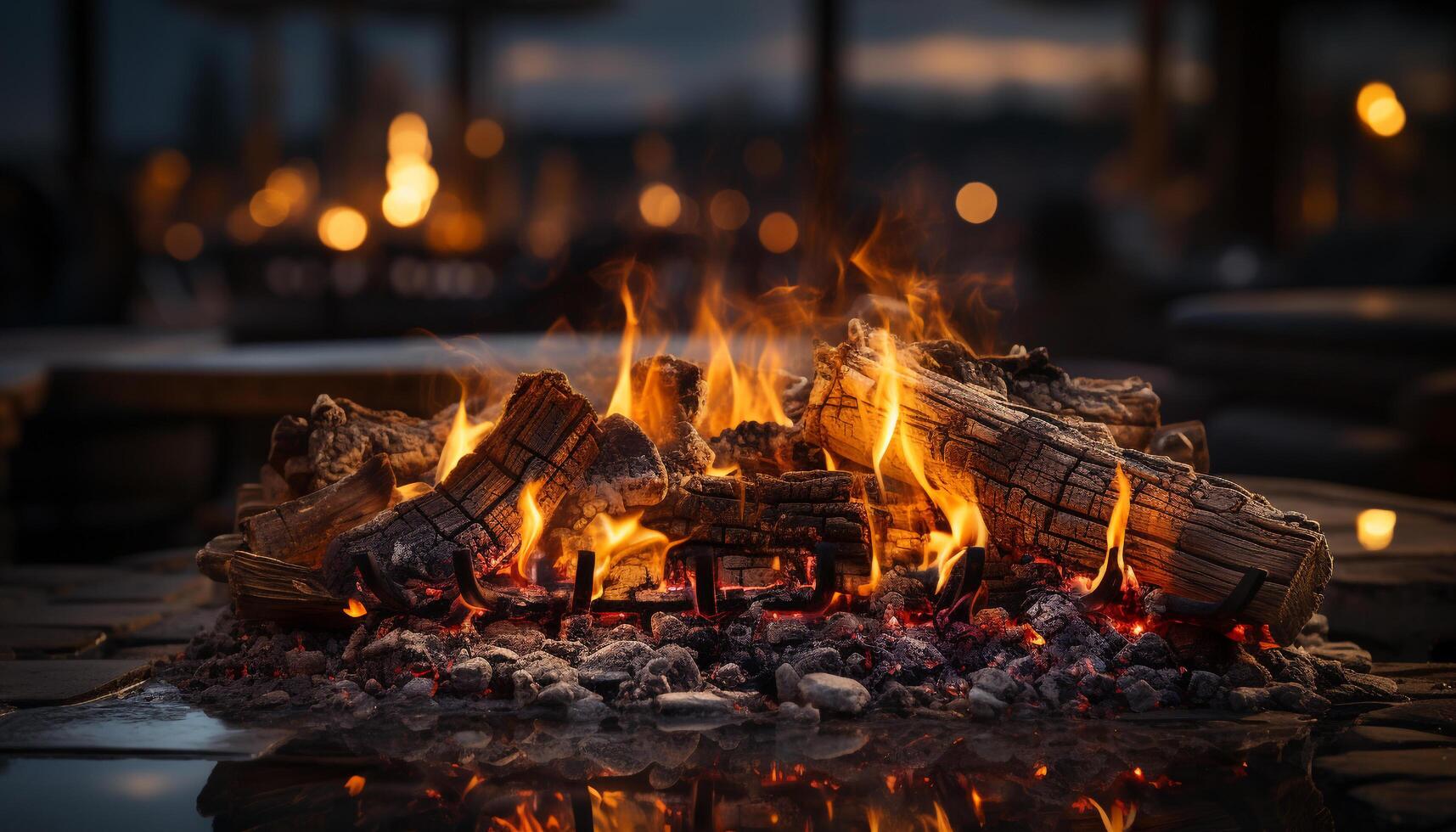 AI generated Cozy wood burning stove warms up living room in winter generated by AI photo