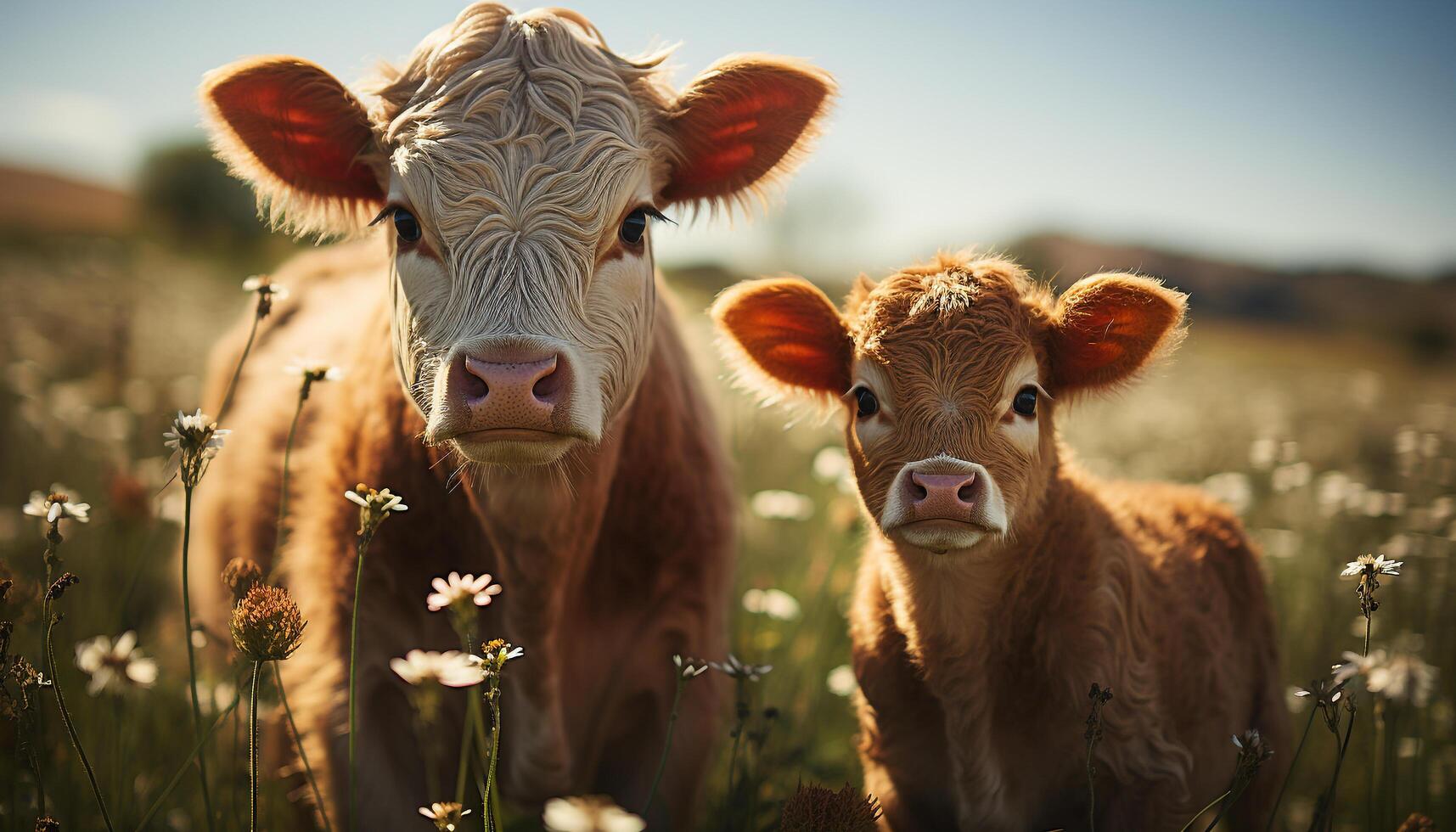 AI generated Cute piglet grazing on green meadow, looking at daisy generated by AI photo