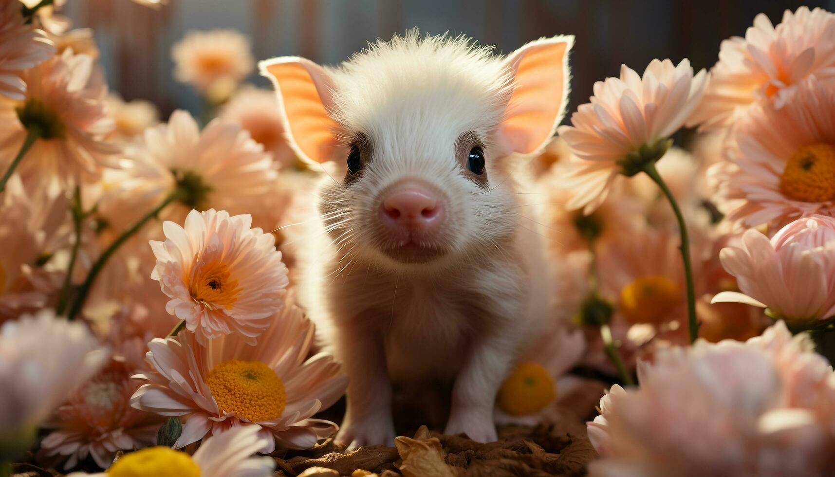 AI generated Cute piglet grazing on green meadow, looking at daisy generated by AI photo