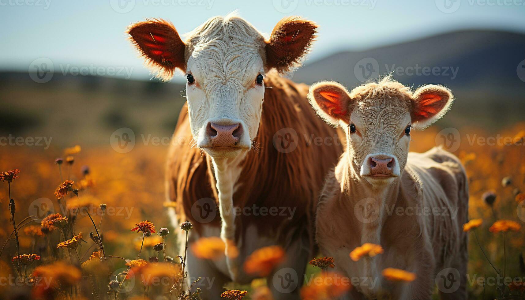 AI generated Majestic rooster standing in a vibrant meadow at sunrise generated by AI photo