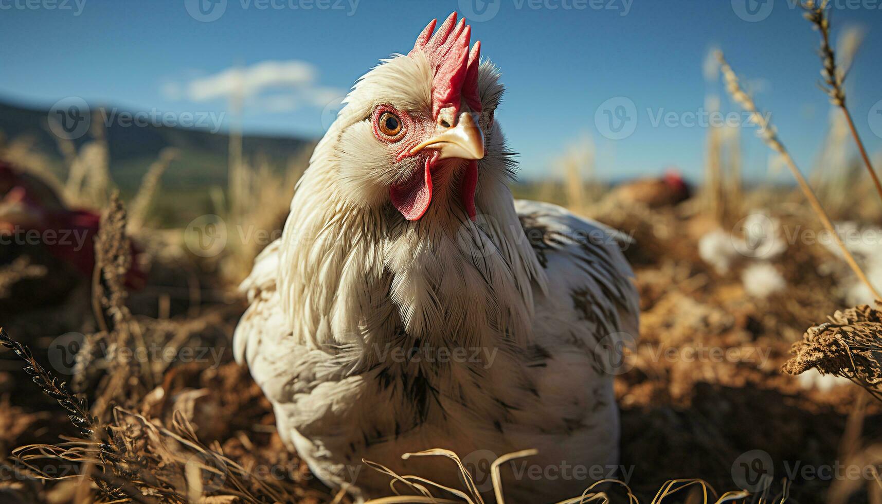 AI generated Majestic rooster standing in a vibrant meadow at sunrise generated by AI photo