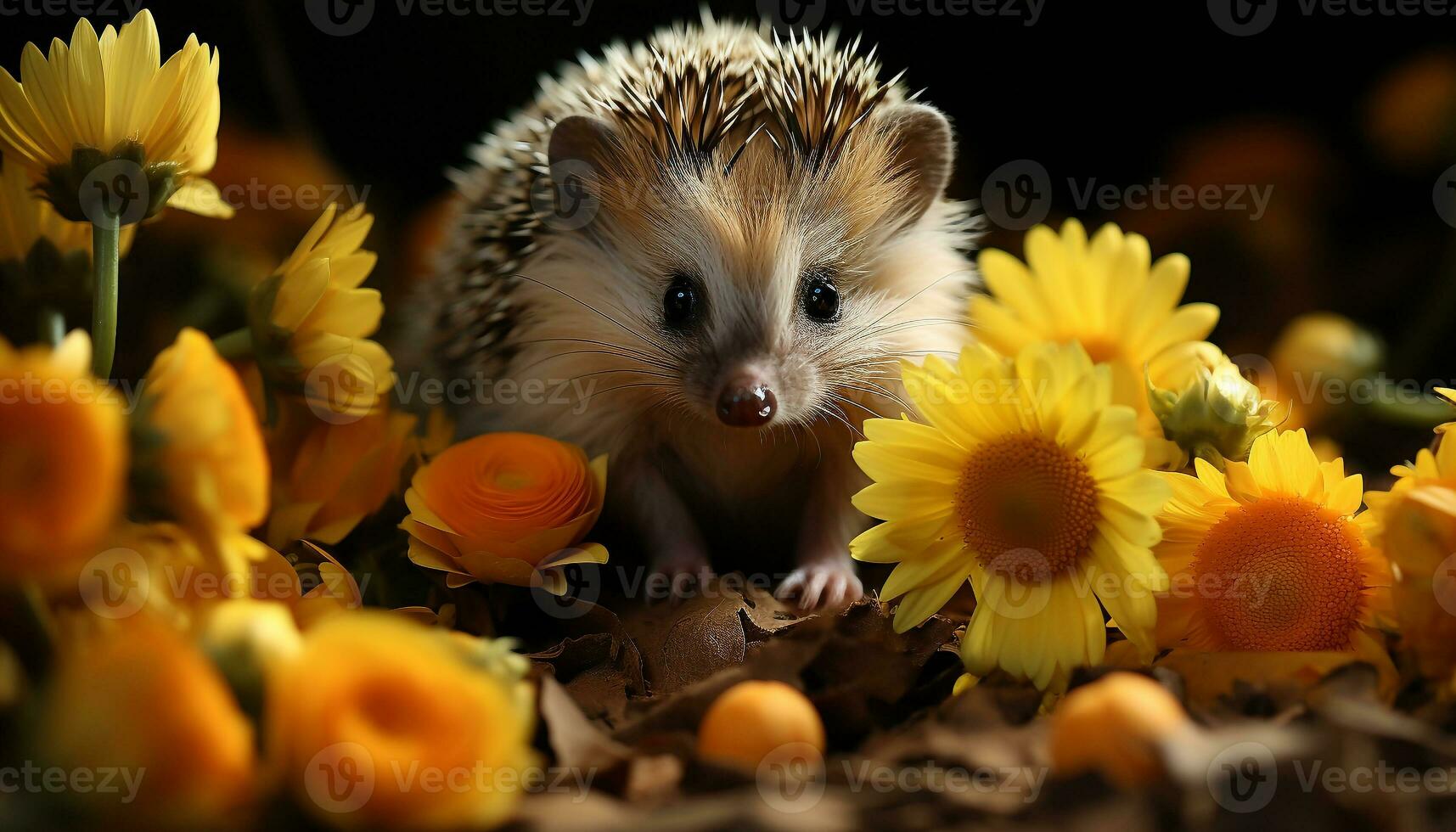 AI generated Cute hedgehog sitting on grass, alert in autumn forest generated by AI photo