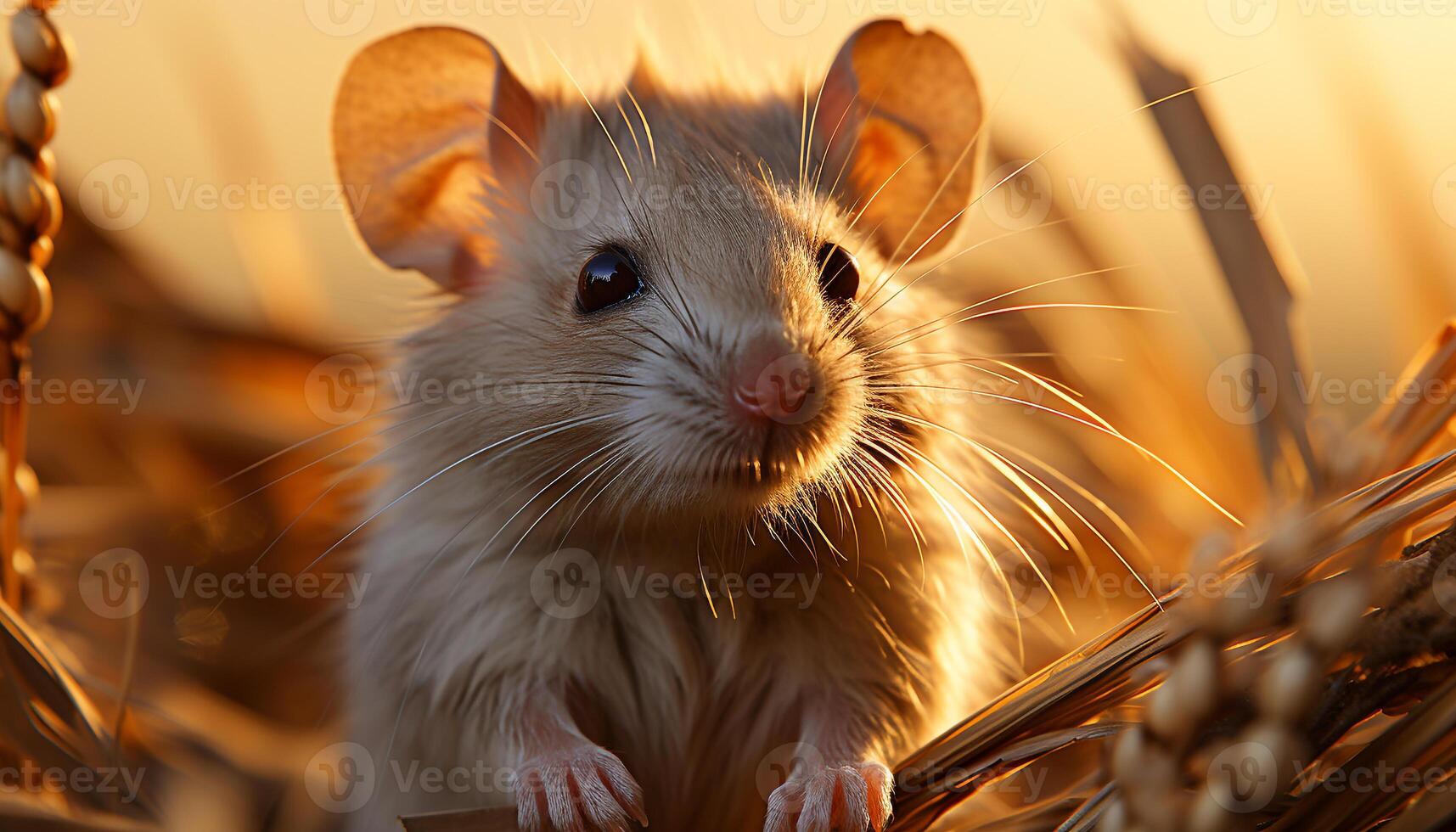 AI generated Cute hedgehog sitting on grass, alert in autumn forest generated by AI photo