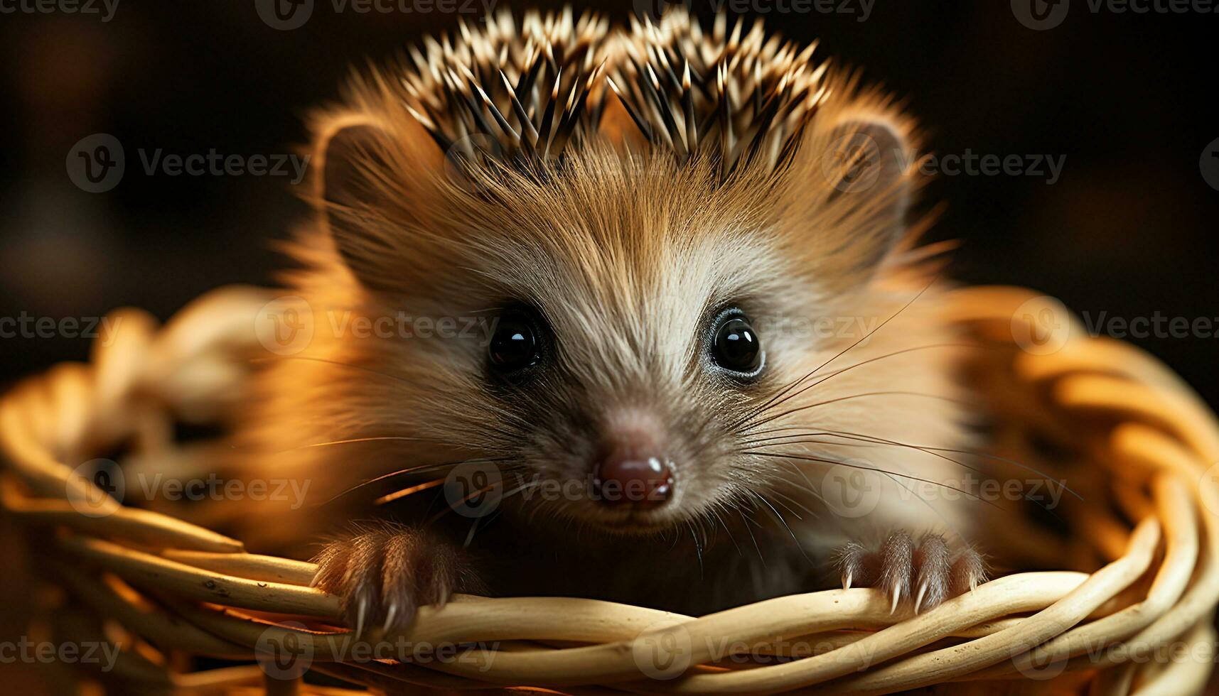 AI generated Cute hedgehog sitting on grass, alert in autumn forest generated by AI photo