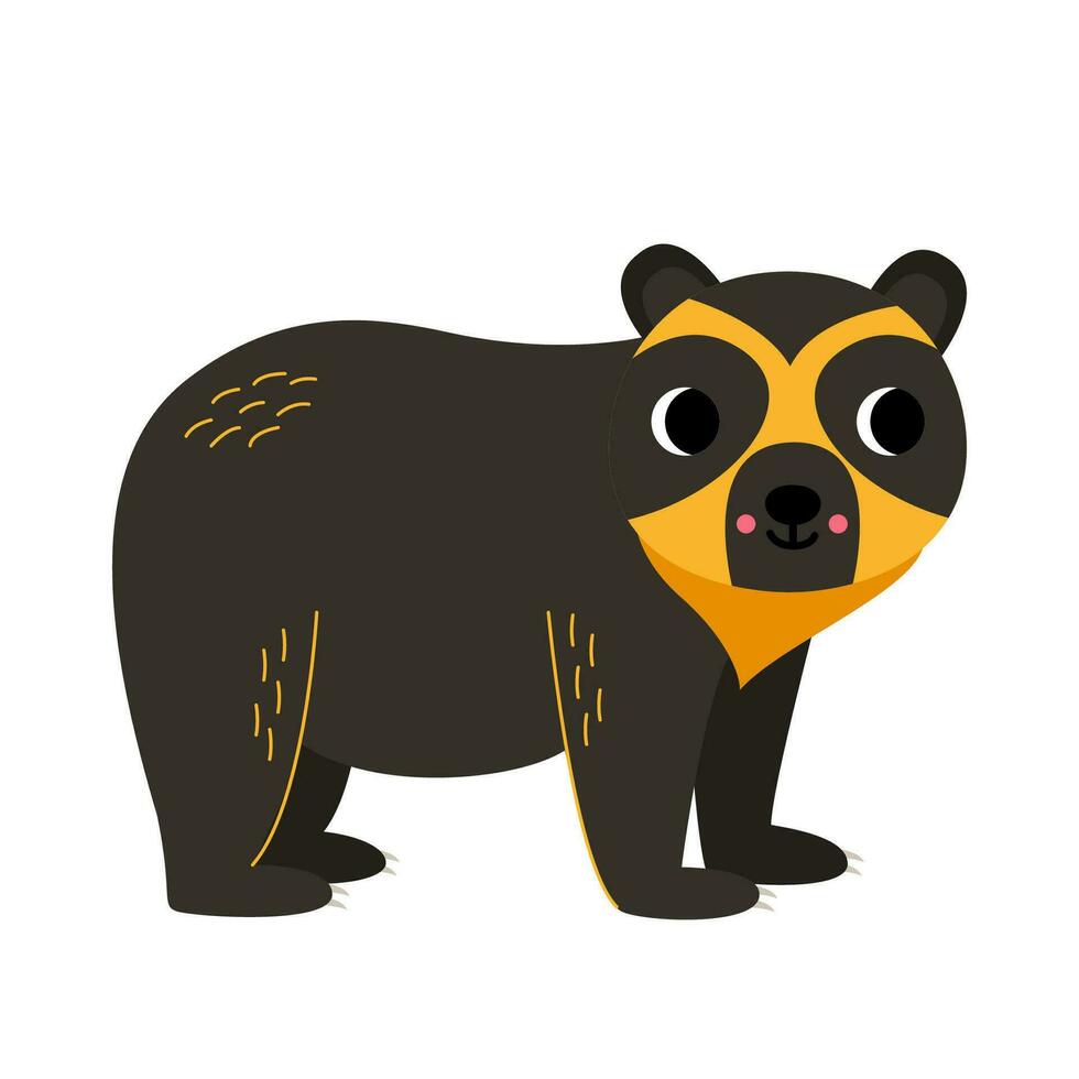 Vector illustration of cute cartoon spectacled bear isolated on white background.