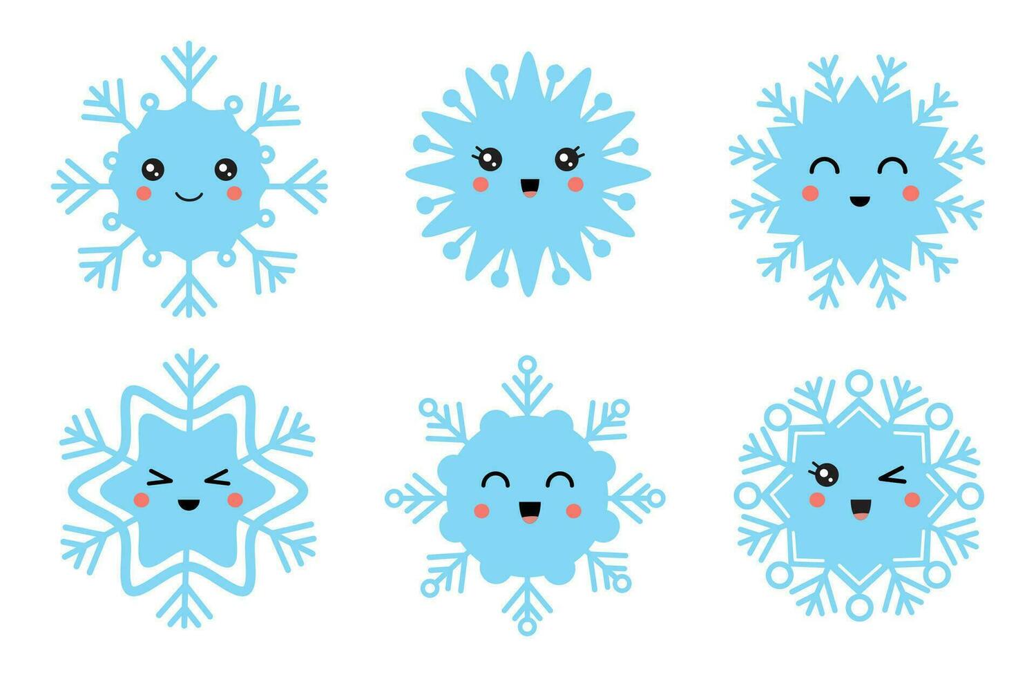 Vector collection of cute cartoon kawaii blue snowflakes.