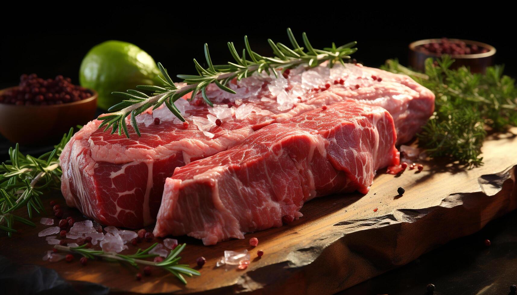 AI generated Grilled steak, juicy and tender, on rustic wooden plate generated by AI photo
