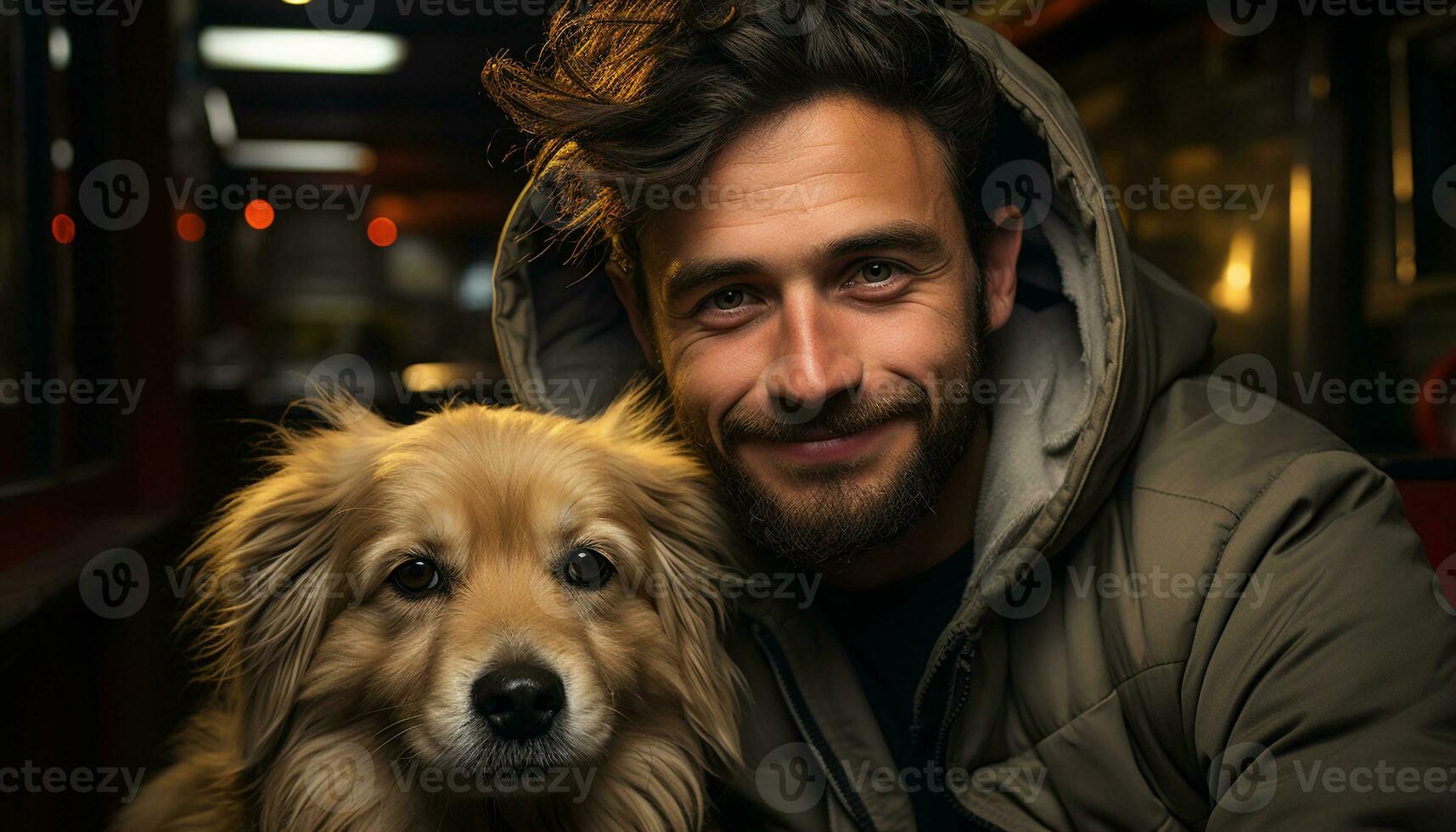 AI generated Cute men embracing small furry pets, outdoors, smiling with happiness generated by AI photo
