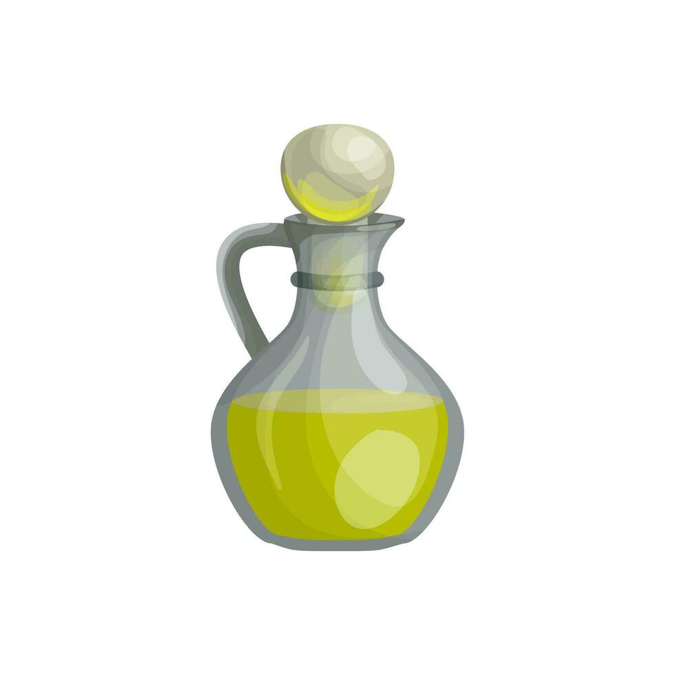 glass jar of vegetable oil or olive, nutty liquid oil in cartoon style. Bottle of aromatherapy oil for spa treatments, cooking and perfumes. Icon for website design, packaging vector