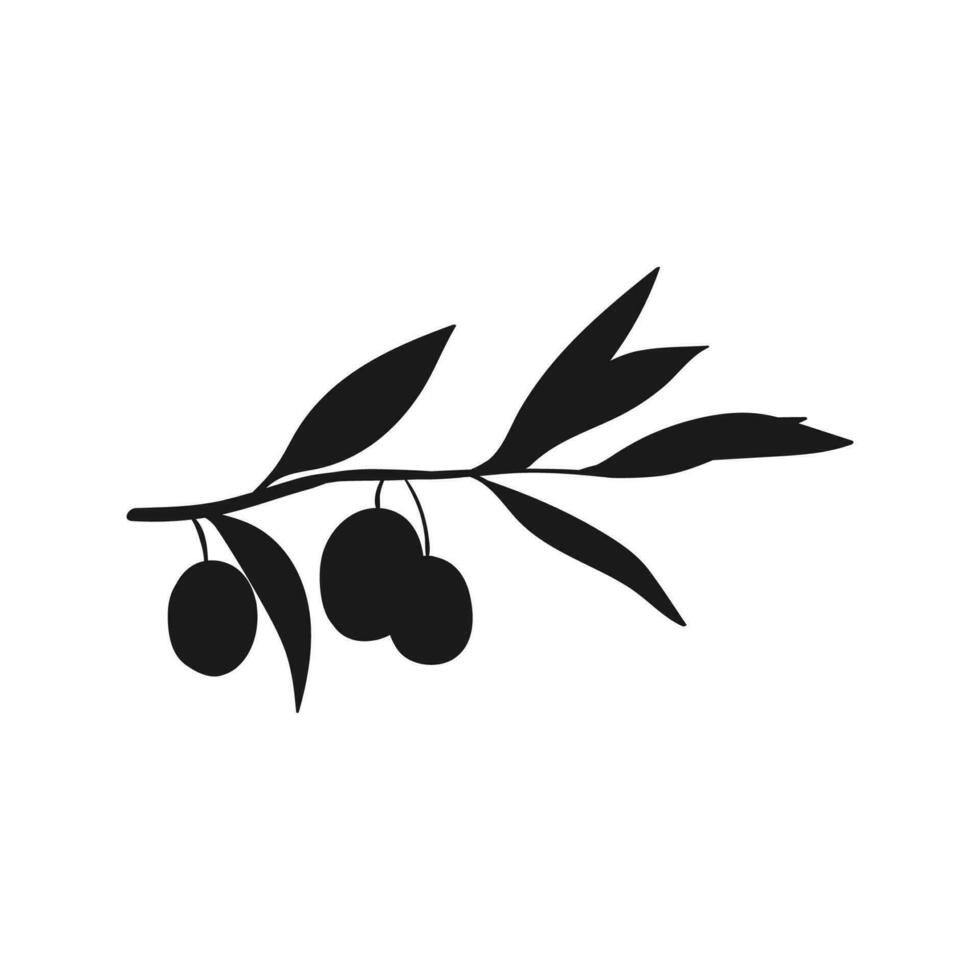 Olive branch in black color. Label for olive oil producers, packaging design for olives. Siluet natural fruits. vector