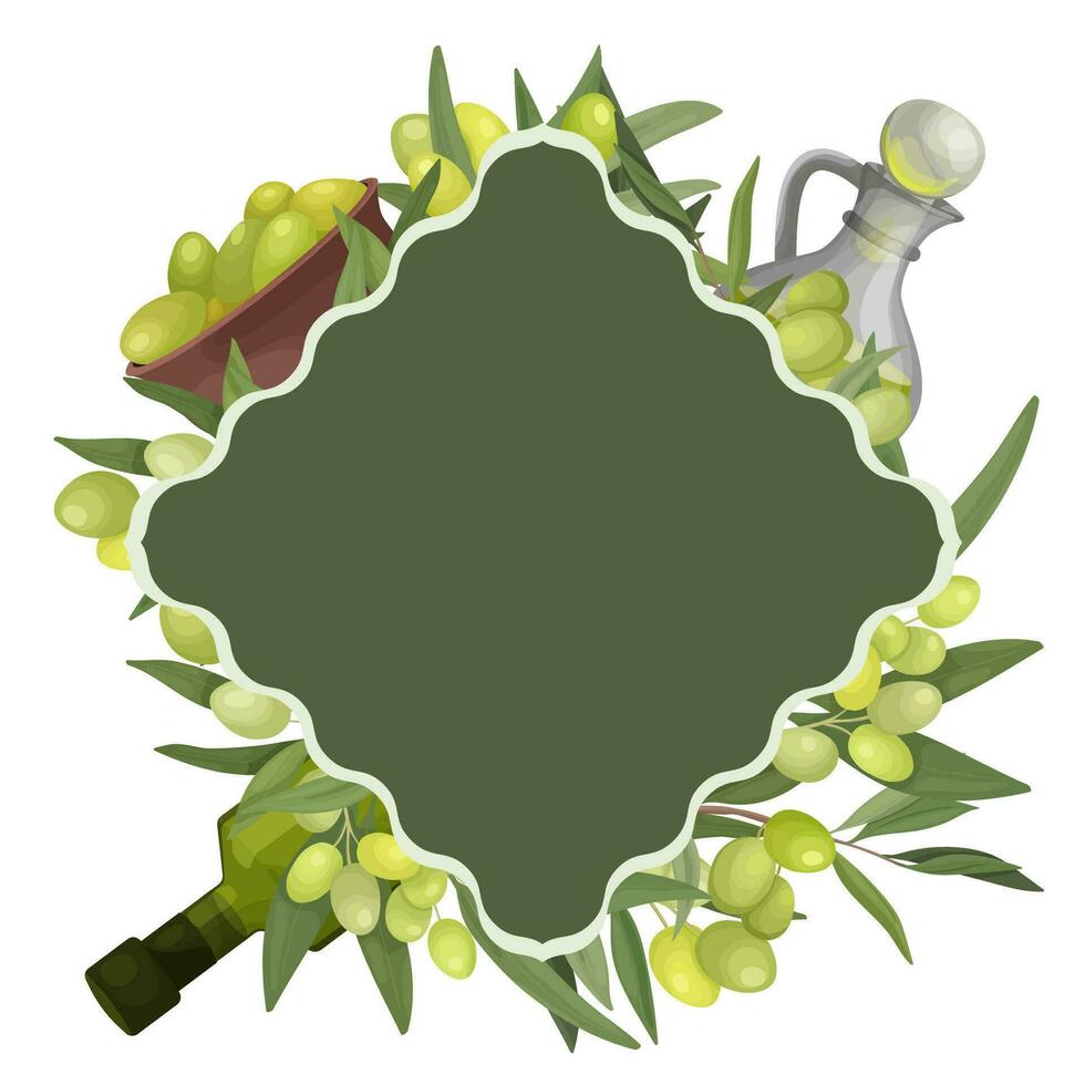 Frame or rhombus green label for packaging olive oil or olives. Space for text, label for bottle or box, cosmetics vector