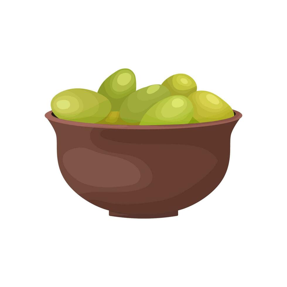 plato lleno de verde aceitunas en dibujos animados estilo. aceituna árbol Fruta en un arcilla cuenco diseño para el producción de aceitunas vector