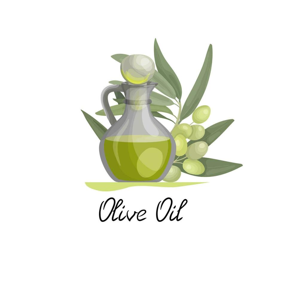 Vector illustration of sticker, label or emblem with a jug of olive oil and olive branches and fruits. Packaging or advertising design for olive business and oil