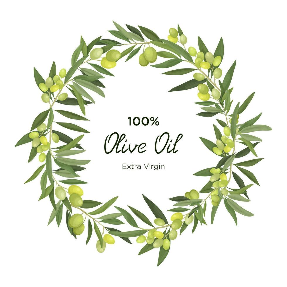 Vector Illustration A round wreath of olive branches and fruits in a cartoon style. Olive frame for virgin oil, packaging and label and banner