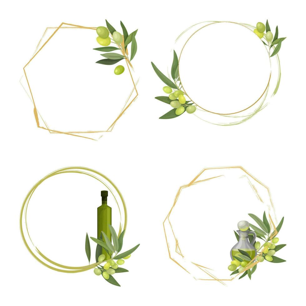 olive tree with fruits round frame or wreath and a bottles of olive oil set. For invitations, thank you cards, labels and advertisements, Vector illustration