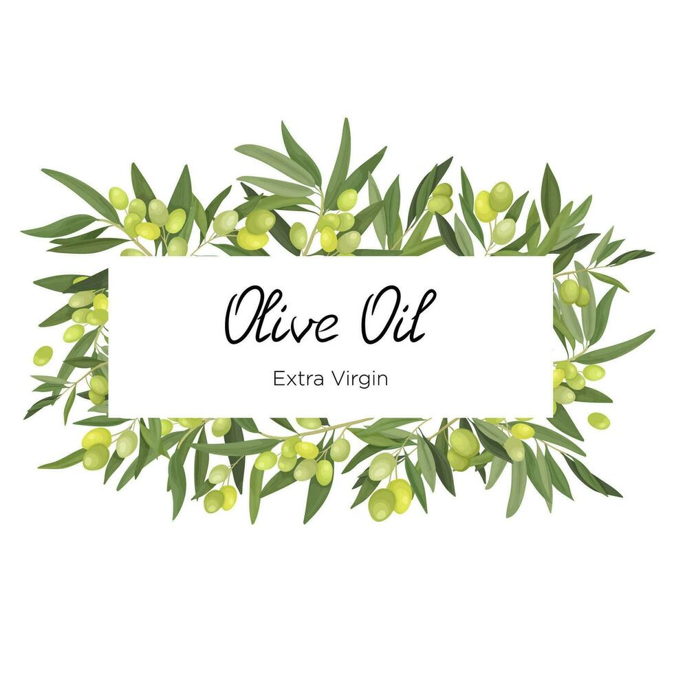 Vector illustration of a horizontal rectangular frame made of olive branches and fruits in a cartoon style. Olive frame for virgin oil, packaging and label and banner