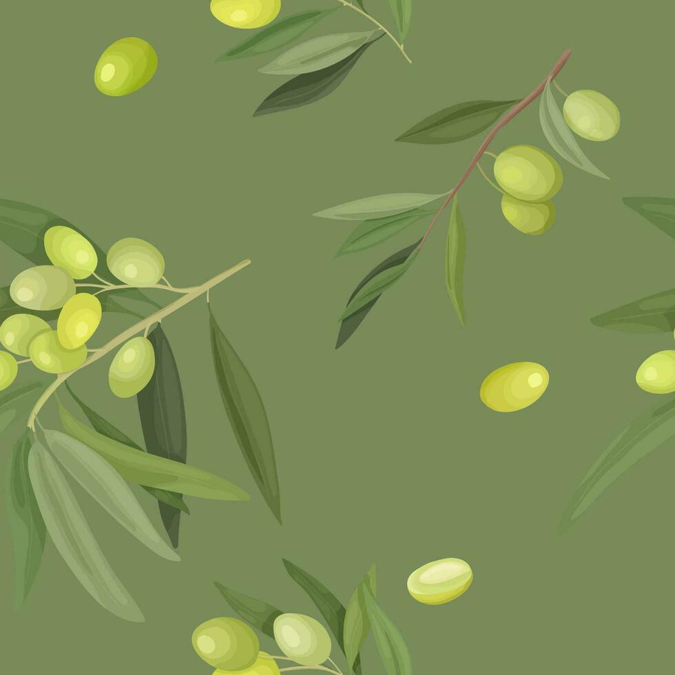 Vector illustration of a seamless pattern of olive branches and fruits in cartoon style on green. Packaging design, wrappers for olive business and olive oil, fabric