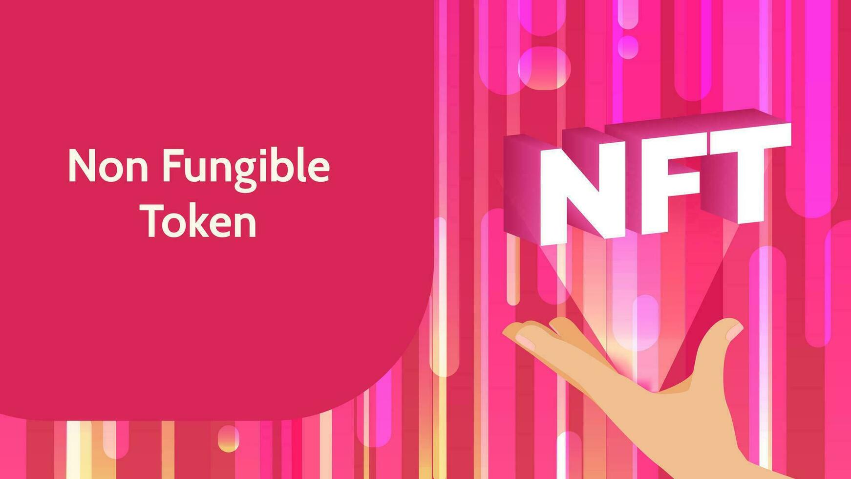Vector illustration banner with NFT tokens and holding a hand. Non-fungible unique cryptocurrency. Bright red background in horizontal format with place for text
