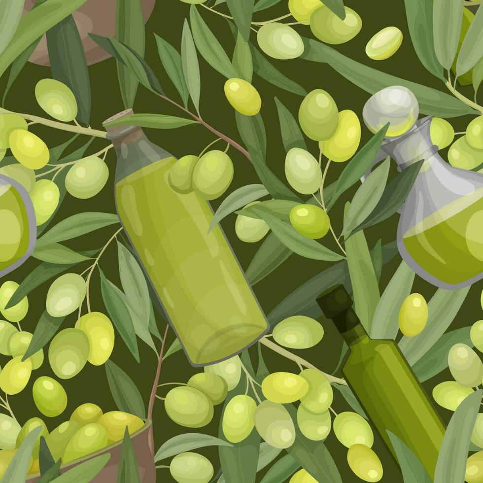 Vector illustration of a seamless pattern with fruits and branches of olive, bottles of olive oil. Colorful pattern for wrapping paper or fabric, stationery and packaging