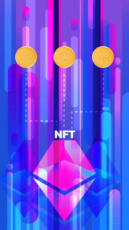 Vector illustration of a banner NFT coins. Nonfungible unique cryptocurrency and Ethereum icon. Vertical format