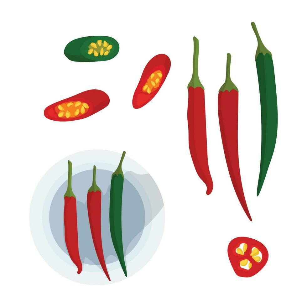 caliente chile pimienta conjunto verde y rojo. icono para picante comida y Condimento. vector