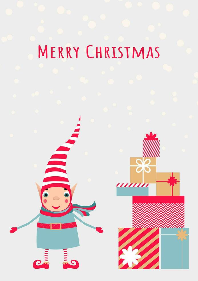 Stock vector illustration with cute christmas elf in striped red hat and scarf with christmas gifts pyramid and snowfall. Template for merry christmas cards, greetings, banners or posters.