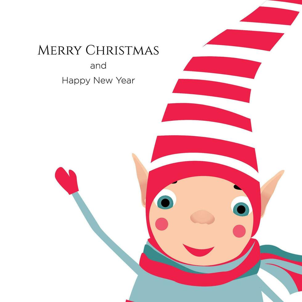 Cute christmas elf in striped red hat waving hand, greeting. Template for merry christmas and new year cards, greetings, banners or posters. vector