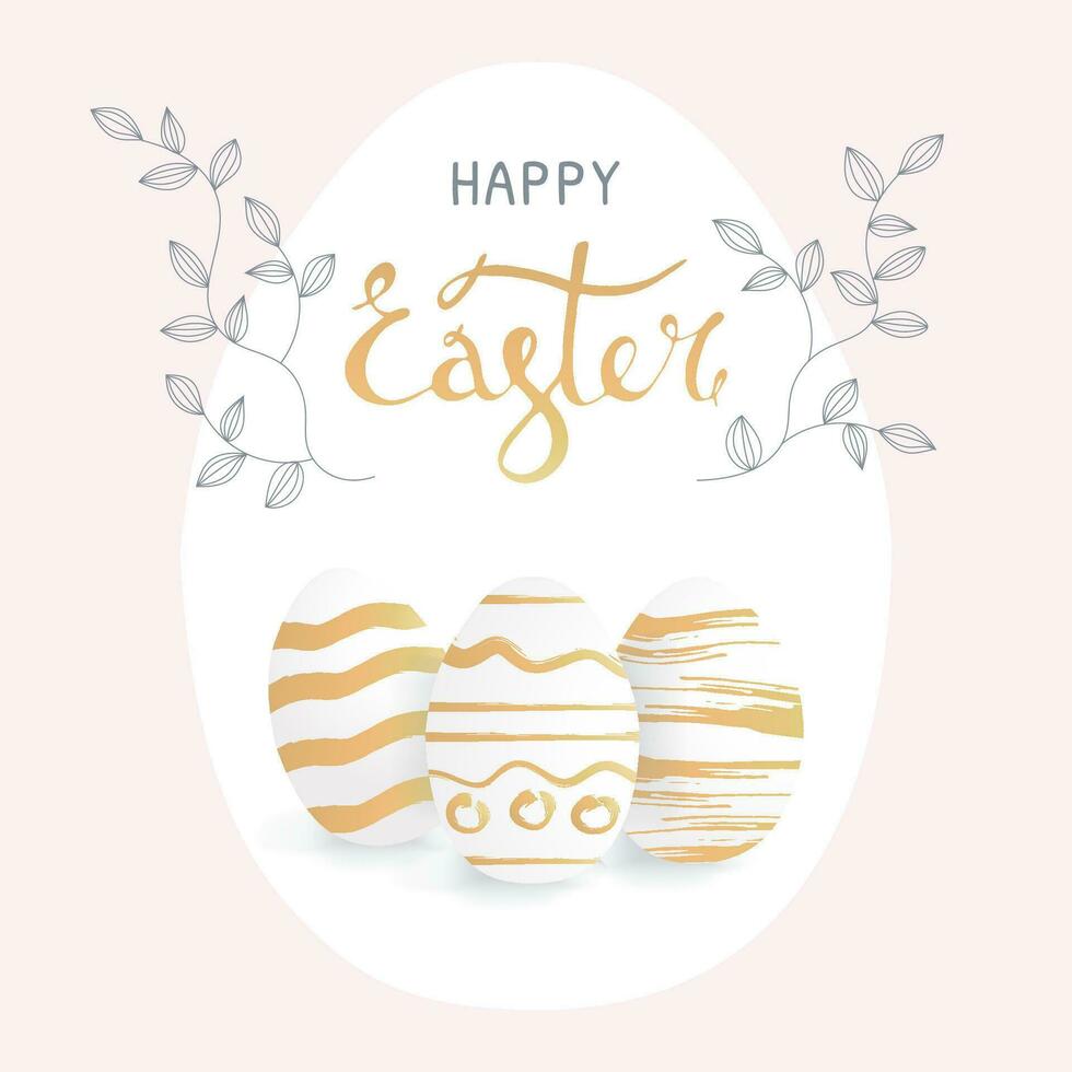 Vector illustration with Easter card with golden eggs and spring twigs. Concept with easter banner or invitation card in gentle pastel colors. Calligraphic text.