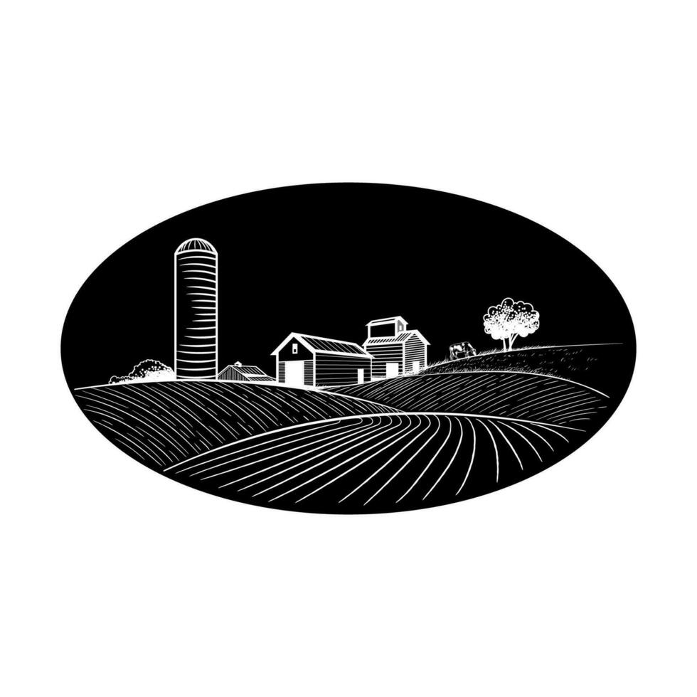 Icon farm and water tower in the fields. Agriculture, growing wheat, vegetables vector