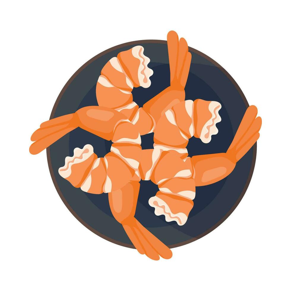 Dish with peeled boiled many shrimp with tails, in cartoon style. Icon or badge with a plate for Asian cuisine and seafood vector