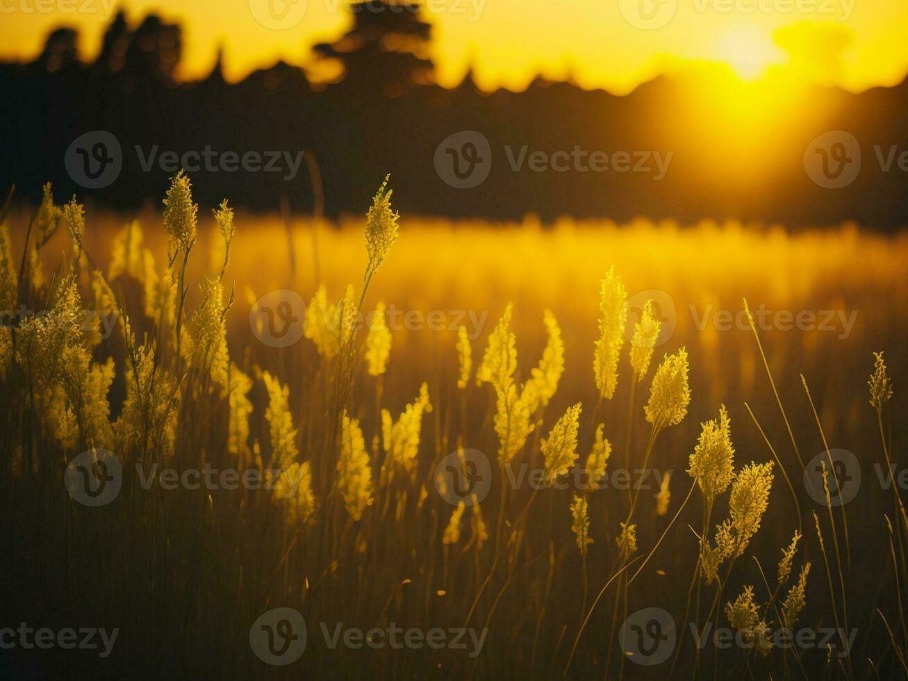 AI generated Abstract soft focus sunset field landscape of yellow flowers and grass meadow warm golden hour sunset sunrise time. Tranquil spring summer nature closeup and blurred forest background. photo